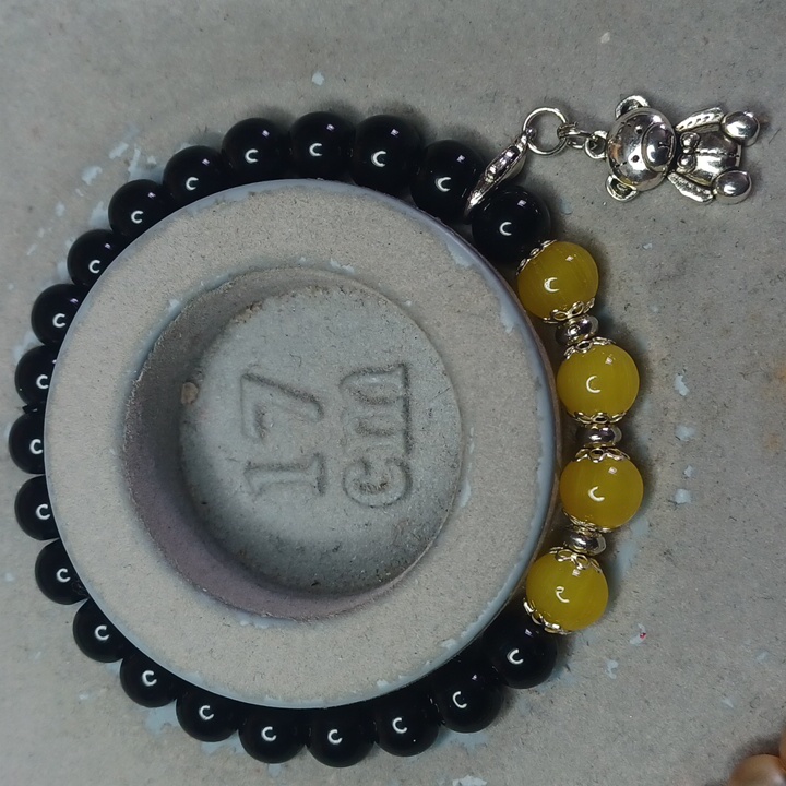Black Yellow Glass With Silver Spacers, Teddy Bear Charm Bracelet 8mm